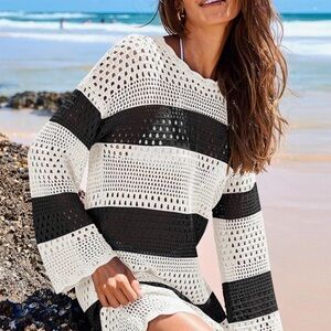 Black and White Striped Crochet Swim Cover-Up S